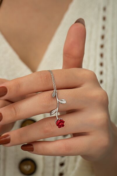 Nereze Kadın 925 Ayar Kırmızı Gül Gümüş Kolye