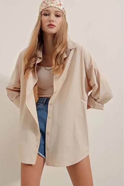 BILDEŞA Γυναικείο πουκάμισο σε κρέμα Oversize Long Basic