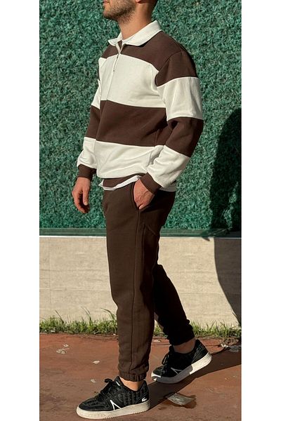 Altamira Set de trening oversize cu jumătate de fermoar cu dungi maro pentru bărbați, cu picioare elastice