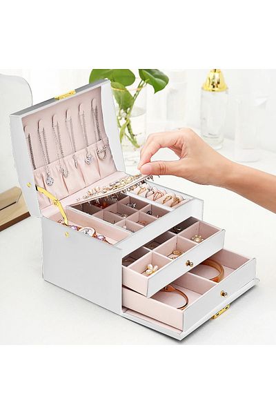 Schulzz Three Layer Locked Multifunctional Portable Ring Earrings Necklace Jewelry Jewelry Box