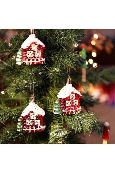 Yenigeldi 9 cm 3-Piece House-Shaped Pine Tree Ornament, Christmas Tree Ornament