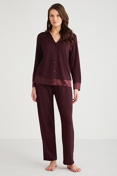 Penyemood Costum de pijama pentru femei cu mânecă lungă, cu nasturi în față, roșu Claret C8T0N7O9