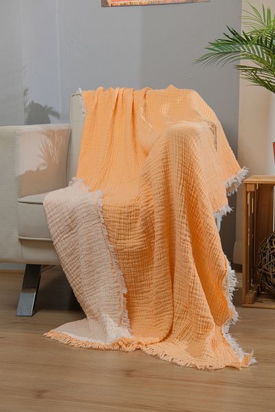Caymoon 100% Cotton Muslin Sofa Shawl - 4 Layers, 130X190 Cm, Double Color Yellow-Ecru