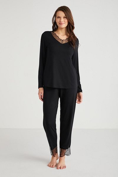 Penyemood Black Lace V Neck Long Sleeve Women's Pajamas Set - C3T3N5O9