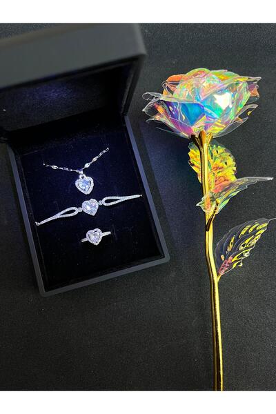Sepetten Eve Işıklı Kutuda 3 Lü Çelik Kolye Kalpli Yüzük Bileklik Seti Sonsuzluk Gülü 14 Şubat Yılbaşı Hediyesi