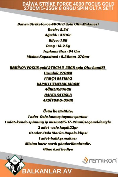 daiwa Strike Force 4000 Focus GOLD 270cm 5-35gr 8 Örgü Spin Olta Seti