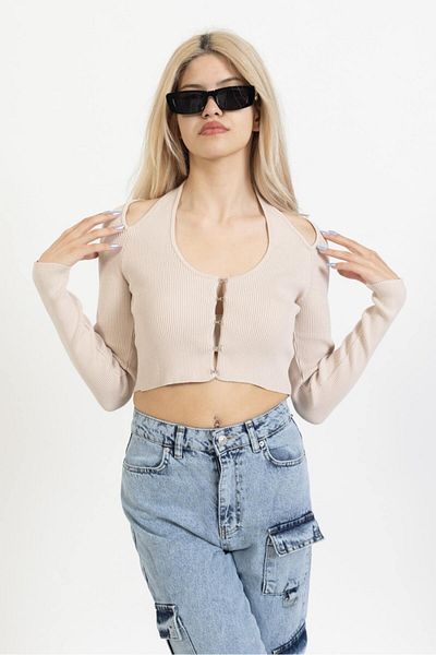 Dilvin 60188 Italian Light Beige Knitwear Cardigan - Sleeve Front Graphic