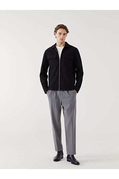 LC Waikiki Μαύρο ανδρικό παλτό με γιακά πουκάμισο εφαρμοστό