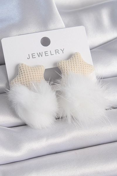 Clariss White Color Feathered Star Pompom Model Women's Earrings