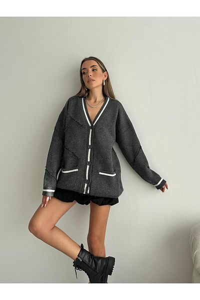 mydukkan.co Smoked Color Double Pocket Cardigan with Embossed Detail