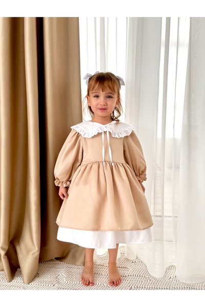 Baby Berry Baby store Kız Bebek Çocuk Bebe Yakalı Fiyonklu Elbise-Bej (Fiyonk Çıkarılabilir)