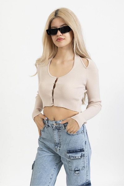 Dilvin 60188 Italian Light Beige Knitwear Cardigan - Sleeve Front Graphic