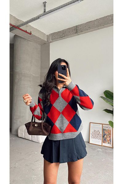mydukkan.co Pulover cu jumătate de nasture cu model diamant burgundy
