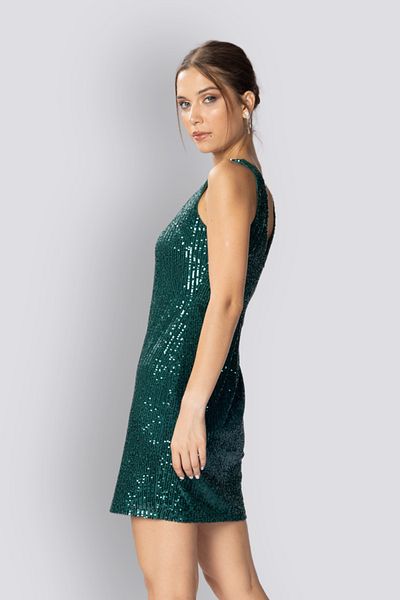 HOX'S Μπέλα |   Emerald Green Mini Slim βραδινό φόρεμα - παγιέτες, χοντρές τιράντες, λαιμόκοψη V, χαμηλή πλάτη, αμάνικο