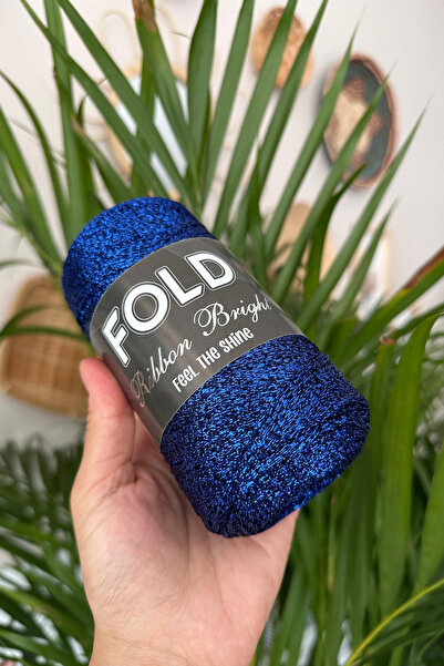 FOLD Ribbon Bright Saks Mavisi - Simli Ribbon Örgü Ipi %100 Premium sim Lase
