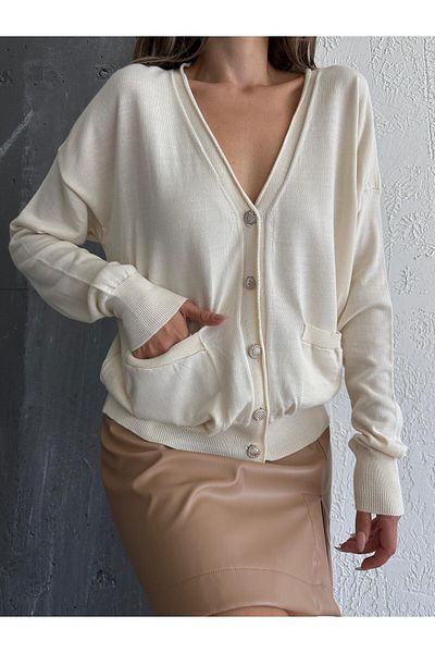 mydukkan.co Ecru Sirena Pocket Knitwear Cardigan