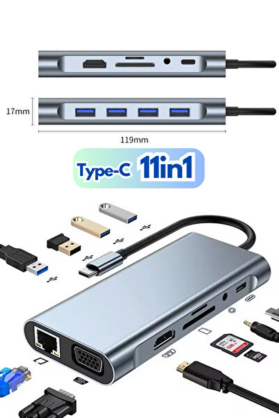 Abbruch 11in1 Macbook iPad Typec Uyumlu Çevirici Adaptör 11 Port Hdmı Usb 3.0 Lan Vga Aux SdCard Dönüştürücü