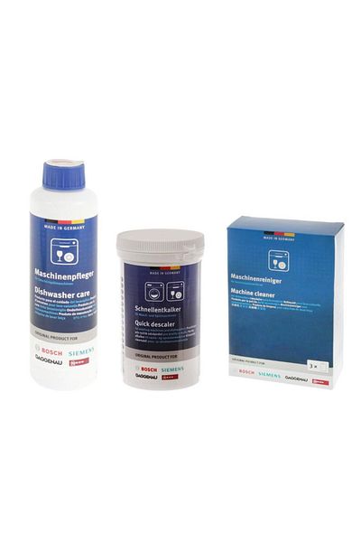 Bosch طقم صيانة لغسالات الأطباق، مسحوق تنظيف + سائل صيانة + مزيل الترسبات، طقم مكون من 3 قطع