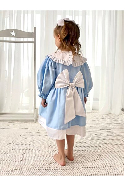 Baby Berry Baby store Kız Bebek Çocuk Bebe Yakalı Fiyonklu Elbise-Mavi (Fiyonk Çıkarılabilir)