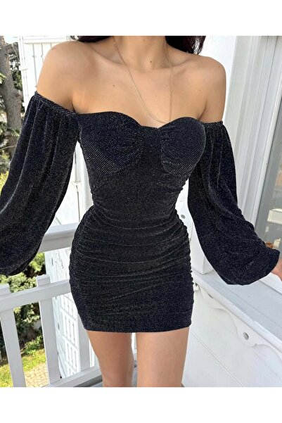 Elaxi Simli Gloplu Balon Kol Mini Elbise