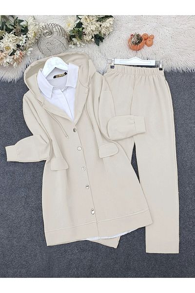 Modamorfo Hooded Hooded Pants Suit -Beige