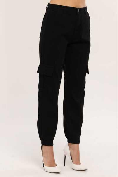 SHEVEGA Women's Black Leg Elastic Linen Cargo Pants