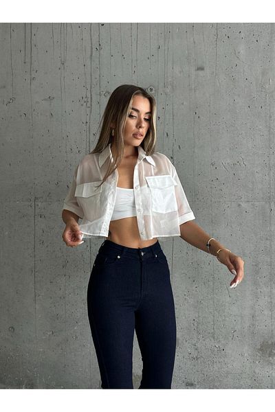 mydukkan.co Cămașă albă Zoi Crop - Transparentă cu buzunar dublu