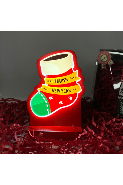 Happy New Year Çorap Yılbaşı Masaüstü Gece Lambası/usb’li Ve Uv Baskılı 11*14 cm