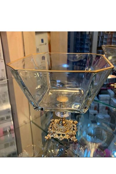 PLT Design Gold Detailed Large Size Glass Salad with Metal Legs - Serving - Presentation Bowl
