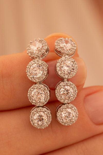 OSMANLI GÜMÜŞ Kadın Gümüş Küpe - İdil Yuvarlak Model Zirkon Taşlı Kadın Küpe