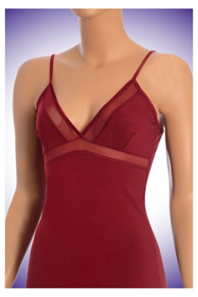 ELLA Öts Kadın Likralı V Yaka Tüllü Atlet (%96 PAMUK) Bordo