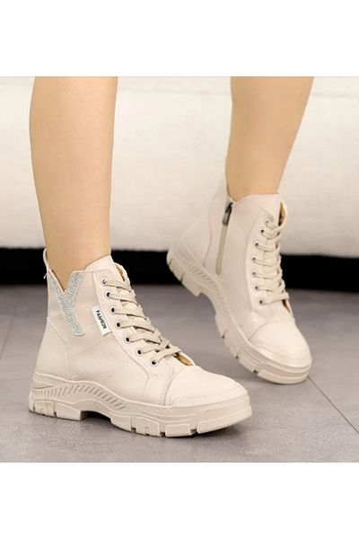 Afilli Beige Cream Rhinestone - Thick Heeled Comfortable Winter Sneaker for Girl