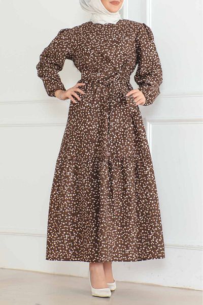 TOFİSA Straight Medium Women's Coffee Print Sleeve Drawstring Dress - 26623