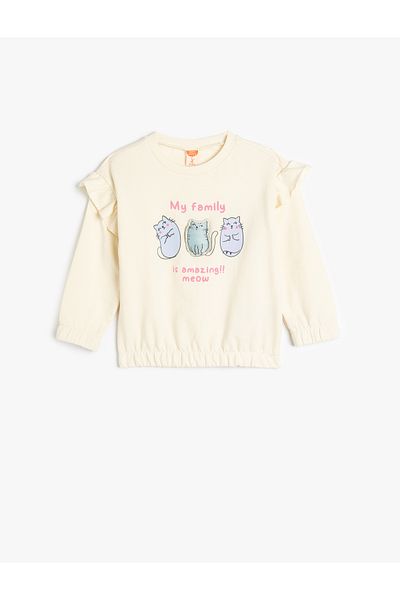 Koton Cat Printed Crew Neck Ruffle Detailed Cotton Long Sleeve Sweatshirt