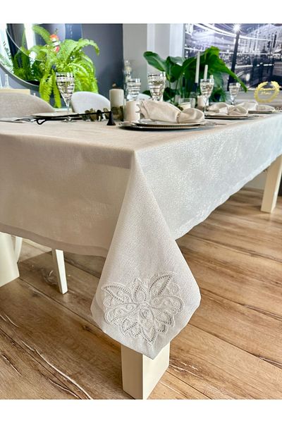Decamor home Față de masă albă din dantelă franceză cu sclipici argintiu