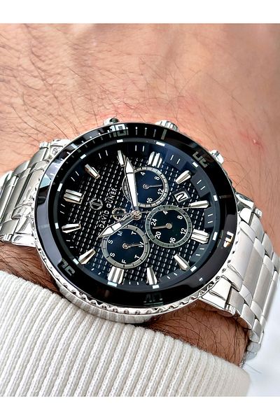DAVID GUNER Function Silver-Black Color Steel Band Men's Wrist Watch 8424A2