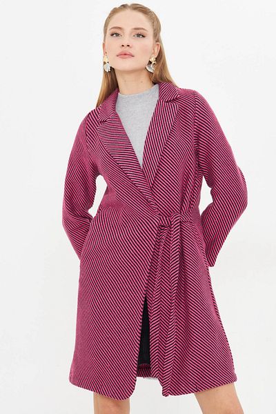 armonika Palton de damă cu dungi cu legături laterale fucsia - buzunare, lung ARM-25K 001039