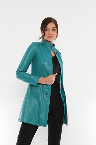Basics&More Women's Turquoise Button Genuine Leather Jacket - B105