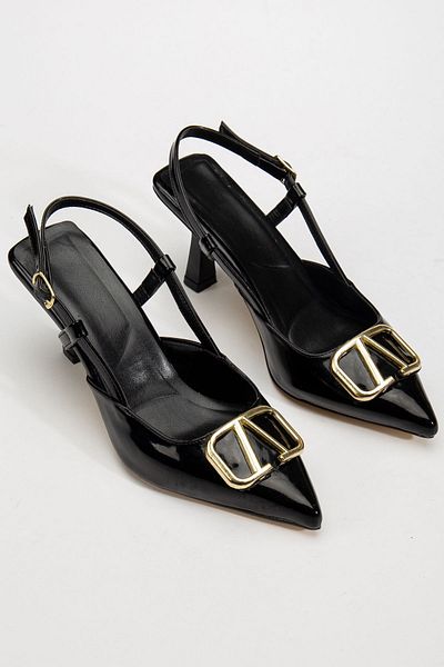 MERETTO By Akıl Black Patent Leather a Buckle Detailed Thin Heeled Evening Dress Casual Shoes