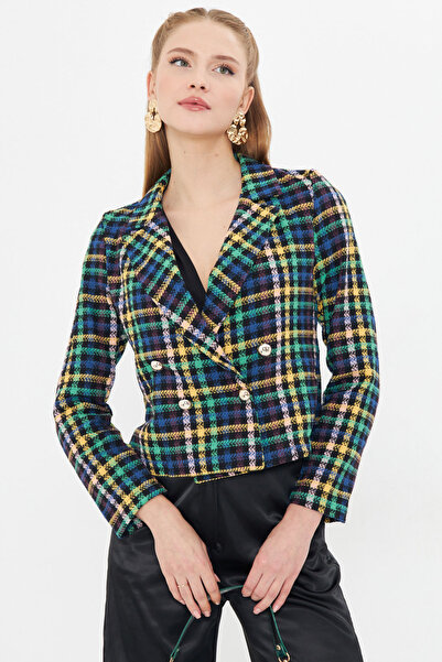 armonika Women's Mustard Double Breasted Collar Tweed Crop Jacket ARM-24K001014