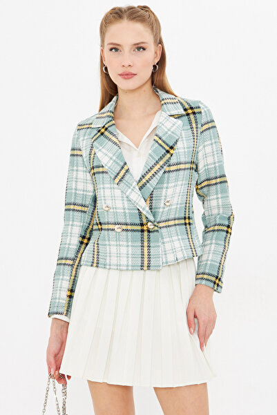 armonika Women's Green-Yellow Double Breasted Collar Tweed Crop Jacket ARM-24K001014