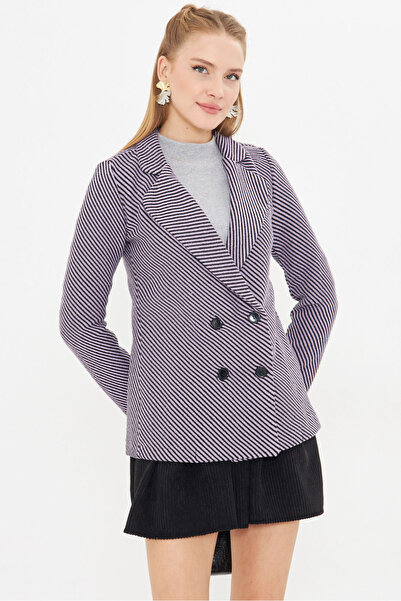 armonika Jachetă de damă din cașmir cu patru nasturi cu dungi liliac ARM-24K001037