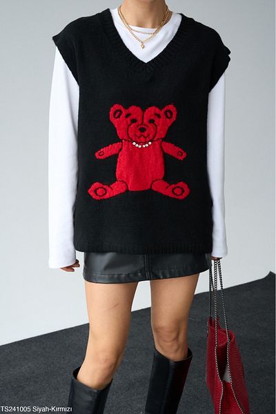 Lupies Women's Black V-Neck Teddy Bear Stone Sweater