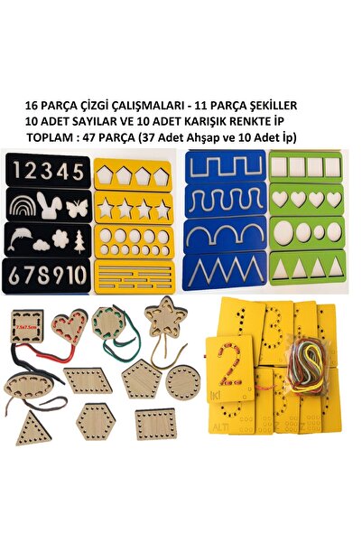 Trendy Toys Eğitici Ahşap Çizgi Çalışmaları,Sayı ve Şekiller Ip Geçirme  El K...