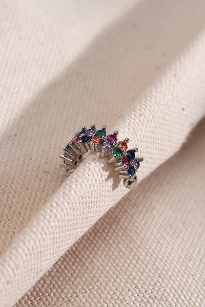 Süspüs Accessories Two Rows Colorful Rhinestones Single Compression Gold Cartilage Earrings
