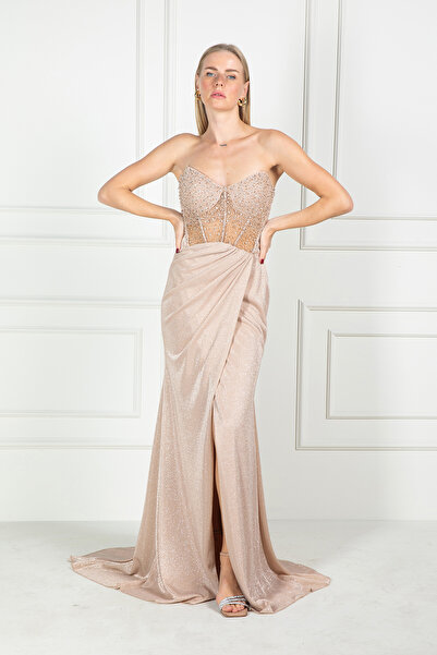 Hüseyin Baştürk Taş Detaylı Straplez Işıltılı Uzun Elbise