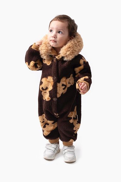 Minigimin Cicileri Baby Boy Welsoft Jumpsuit with Shearling Bear Pattern of My Toddler - Cocoa