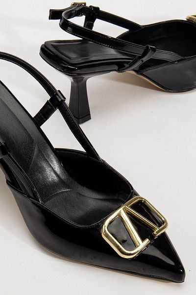 MERETTO By Akıl Black Patent Leather a Buckle Detailed Thin Heeled Evening Dress Casual Shoes