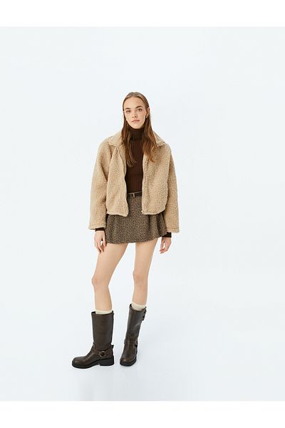 Koton Stand Collar Pocket Detailed Zippered Plush Jacket