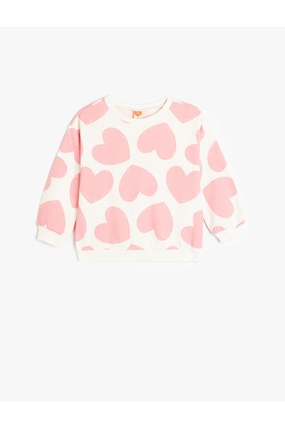 Koton Heart Printed Cotton Sweatshirt - Long Sleeve, Crew Neck